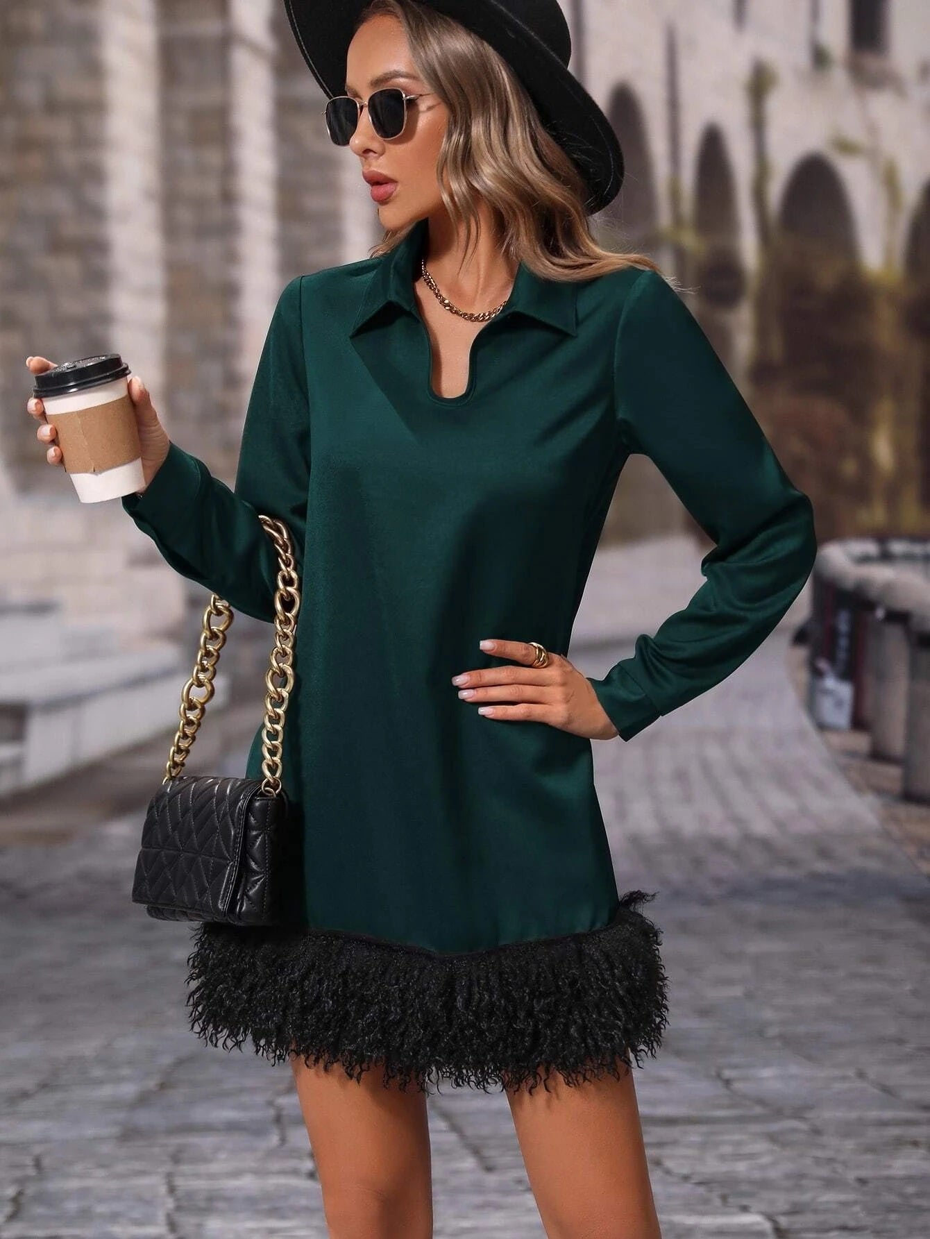 CM-DS365593 Women Elegant Seoul Style Collar Neckline Solid Fuzzy Hem Tunic Dress - Dark Green