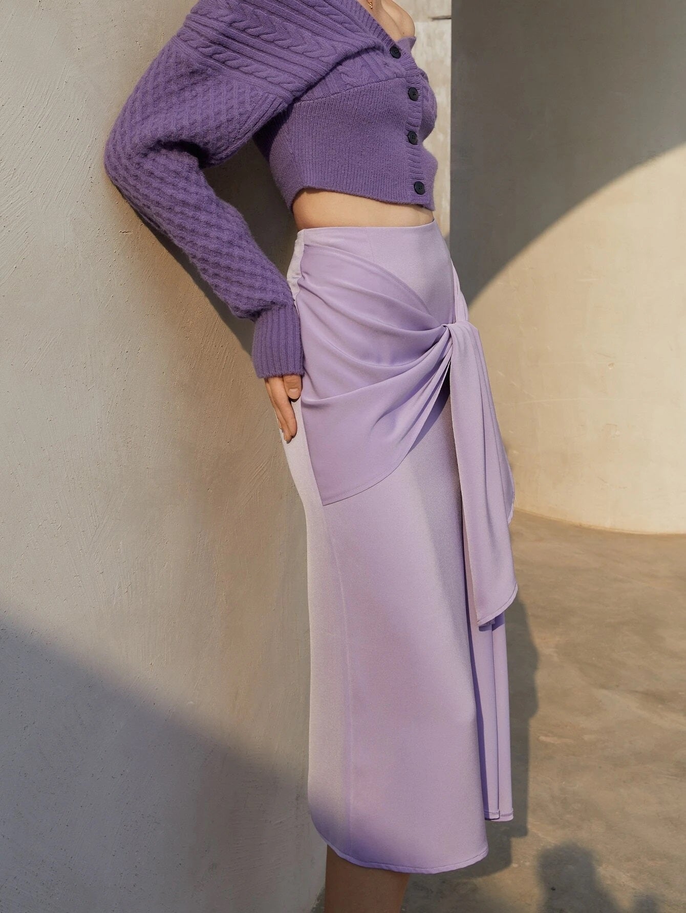 CM-BS053257 Women Elegant Seoul Style High Waist Draped Front Split Thigh Skirt - Purple