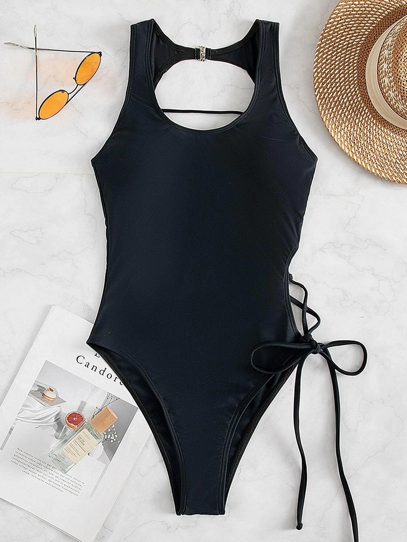 CM-SWS334631 Women Trendy Seoul Style Lace-Up One Piece Swimsuit - Black