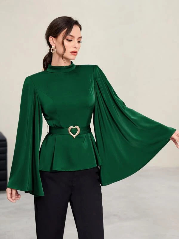CM-TS194601 Women Elegant Seoul Style Mock Neck Trumpet Sleeve Belted Satin Blouse
