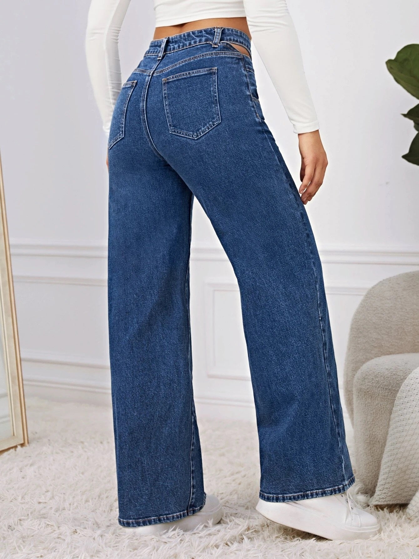 CM-BS402161 Women Casual Seoul Style Dark Wash Cut Out Waist Wide Leg Jeans