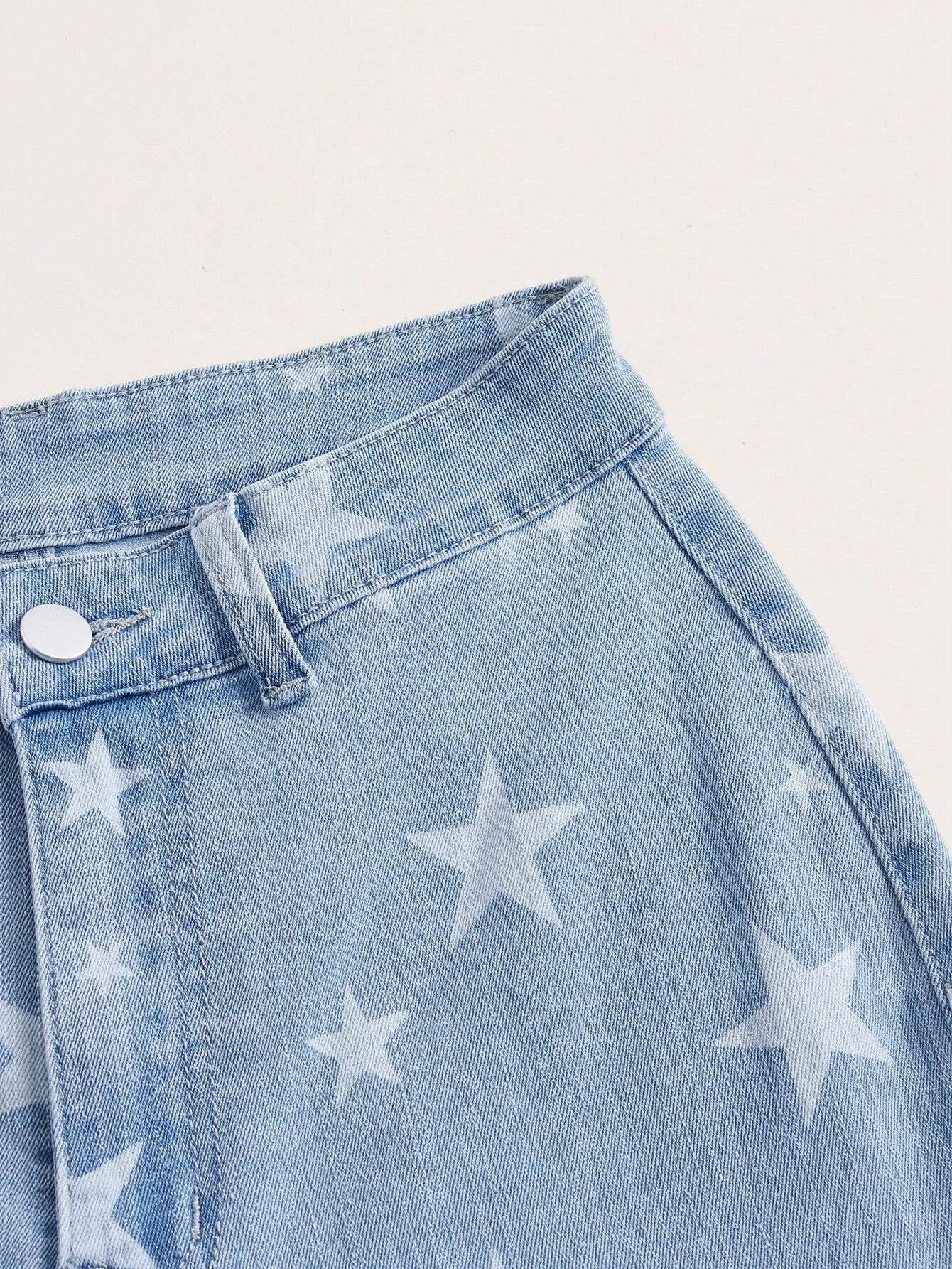 CM-BS753727 Women Preppy Seoul Style Light Wash Star Print Ripped Flare Leg Jeans