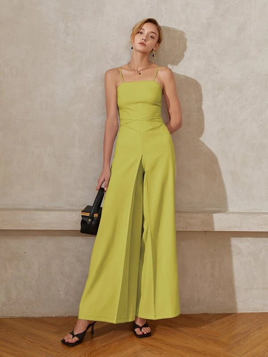 CM-JS683683 Women Elegant Seoul Style Solid Wide Leg Cami Jumpsuit - Olive Green