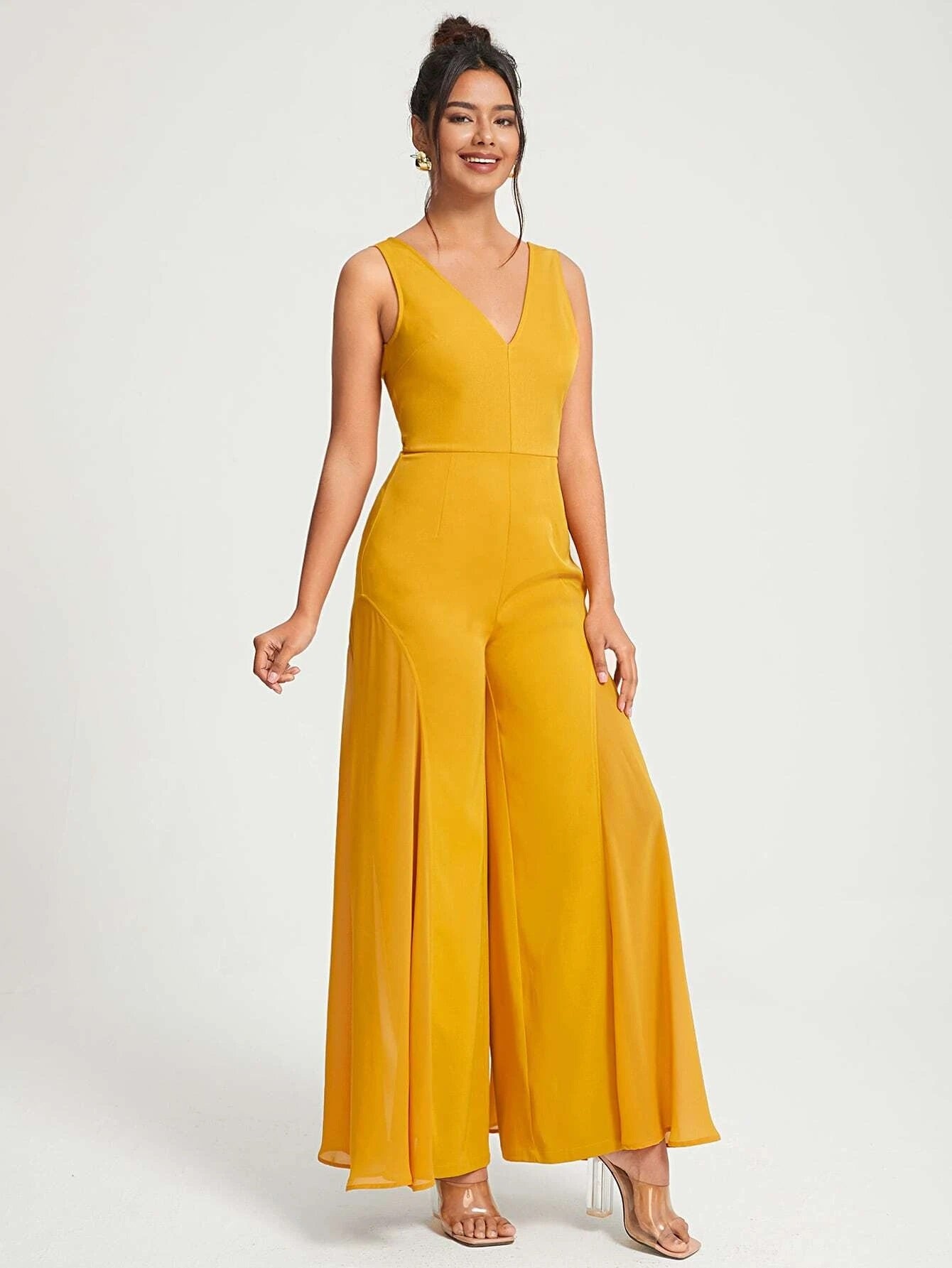 CM-JS555773 Women Elegant Seoul Style Sleeveless Solid Wide Leg Jumpsuit - Mustard Yellow