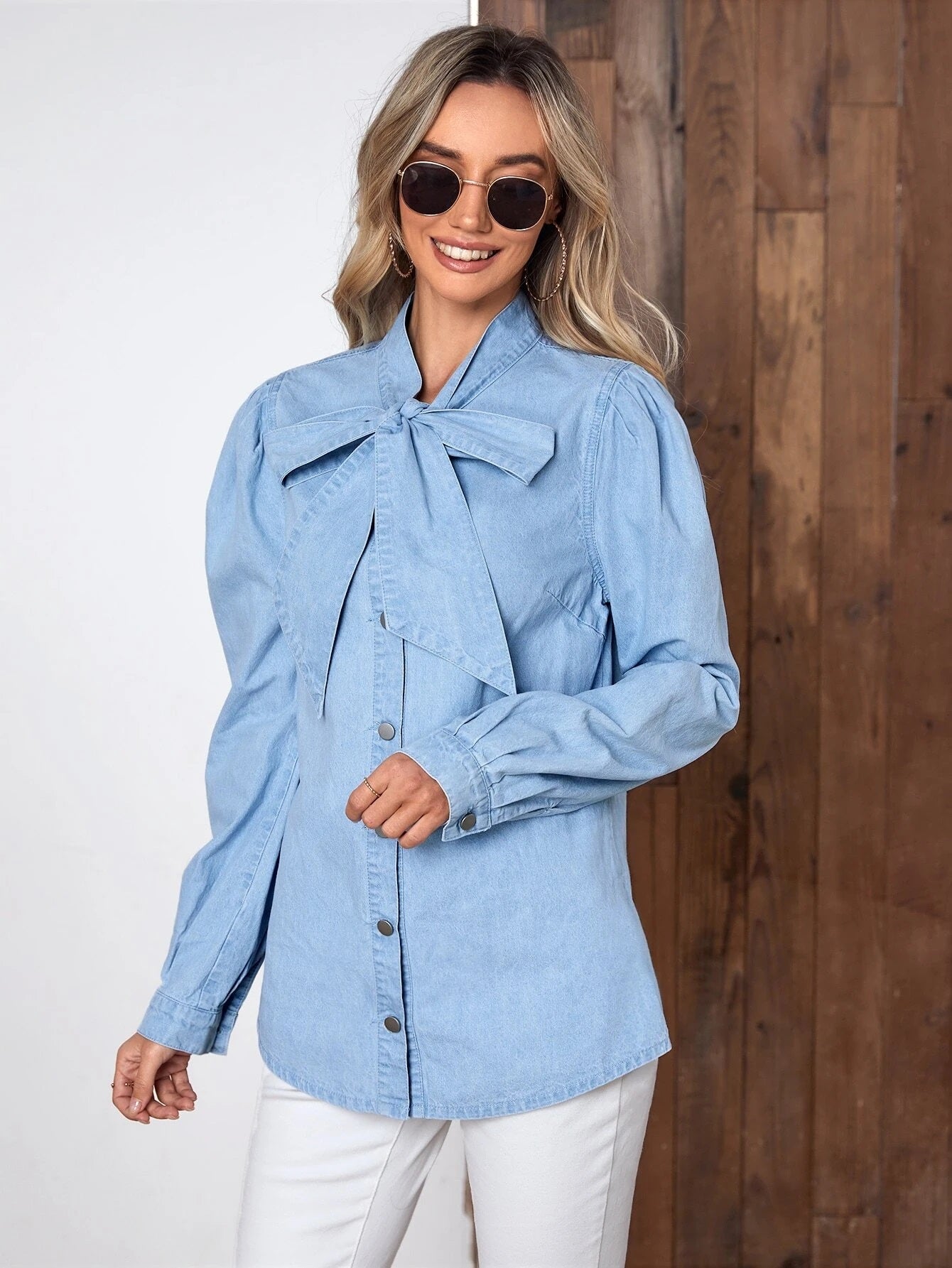 CM-TS126945 Women Casual Seoul Style Light Wash Tie Neck Button Front Denim Top