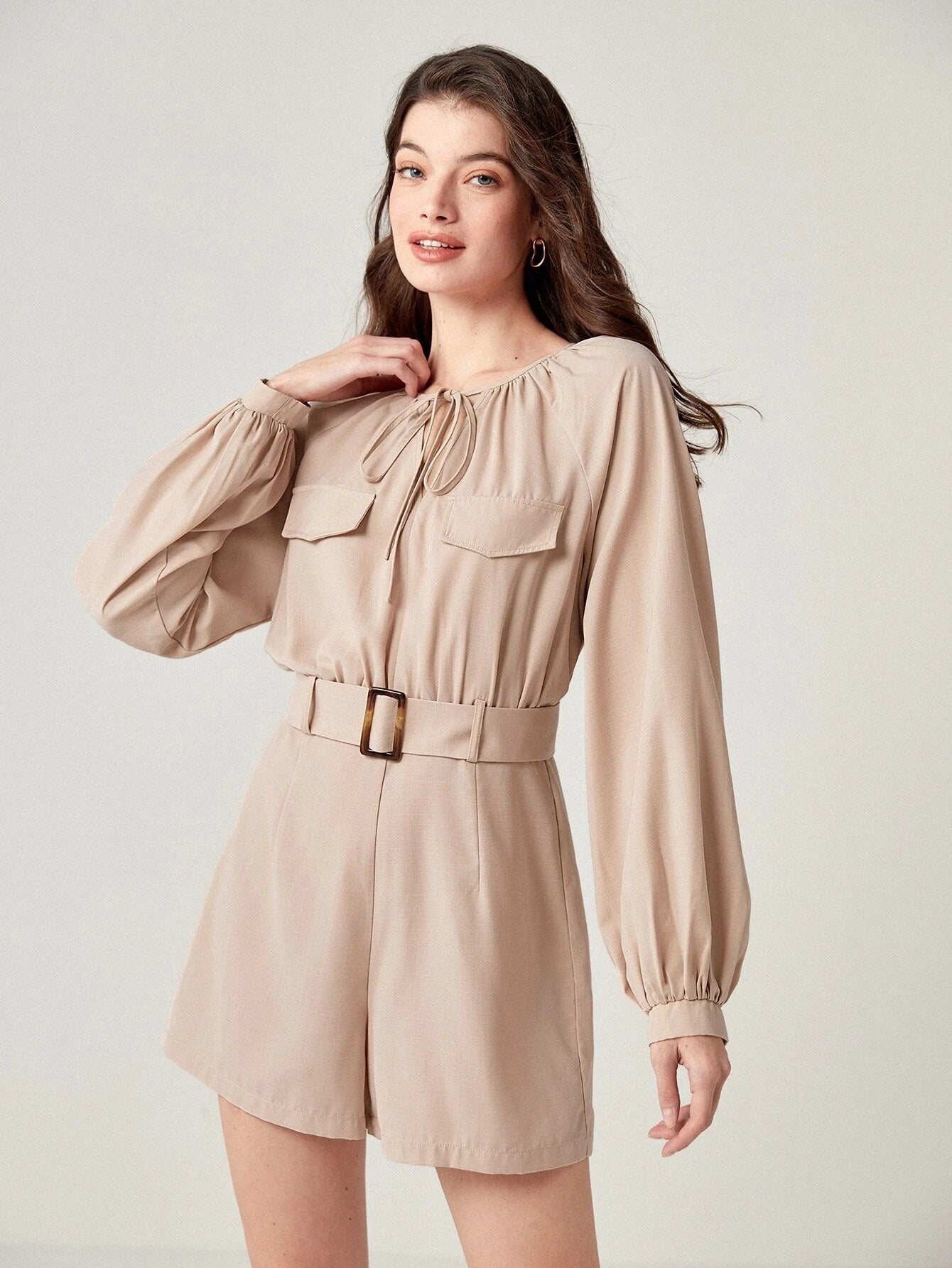 CM-JS759153 Women Casual Seoul Style Long Sleeve Tie Neck Flap Detail Belted Romper - Apricot
