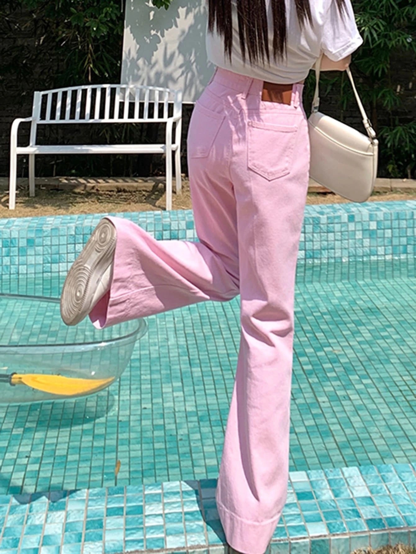 CM-BS994990 Women Preppy Seoul Style Solid Wide Leg Jeans - Baby Pink