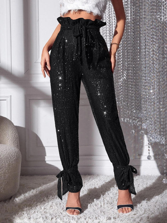 CM-BS188785 Women Elegant Seoul Style Paperbag Waist Knot Hem Belted Sequin Pants