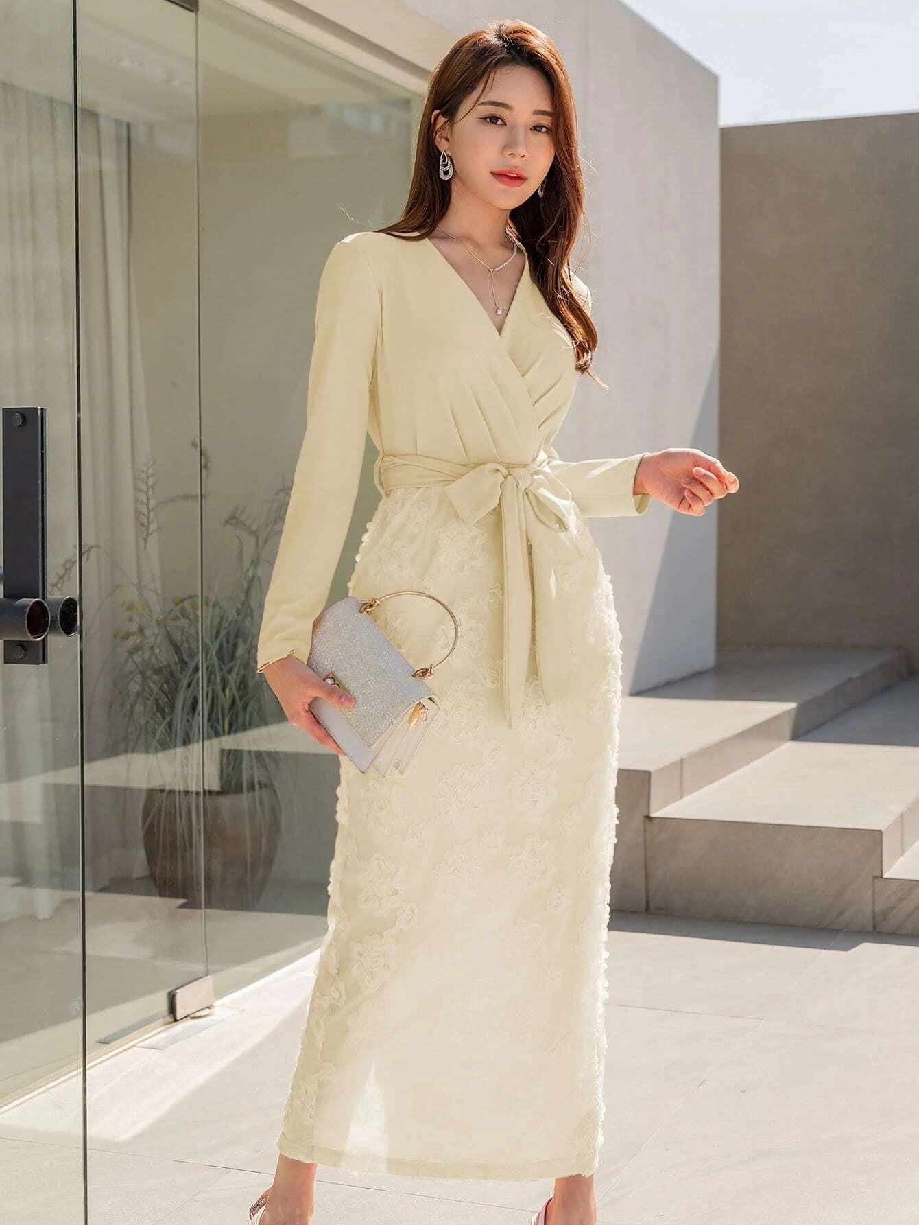 CM-DS618786 Women Elegant Seoul Style Floral Jacquard Split Back Belted Dress - Apricot