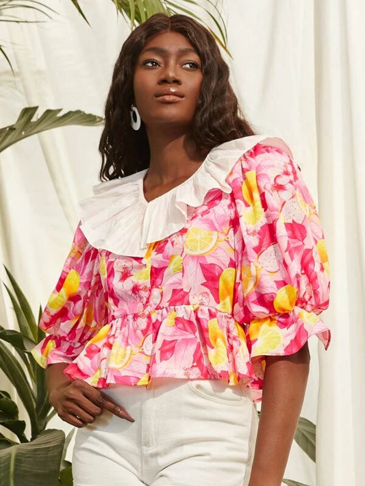 CM-TS847226 Women Trendy Bohemian Style Fruit Print Ruffle Trim Peplum Top