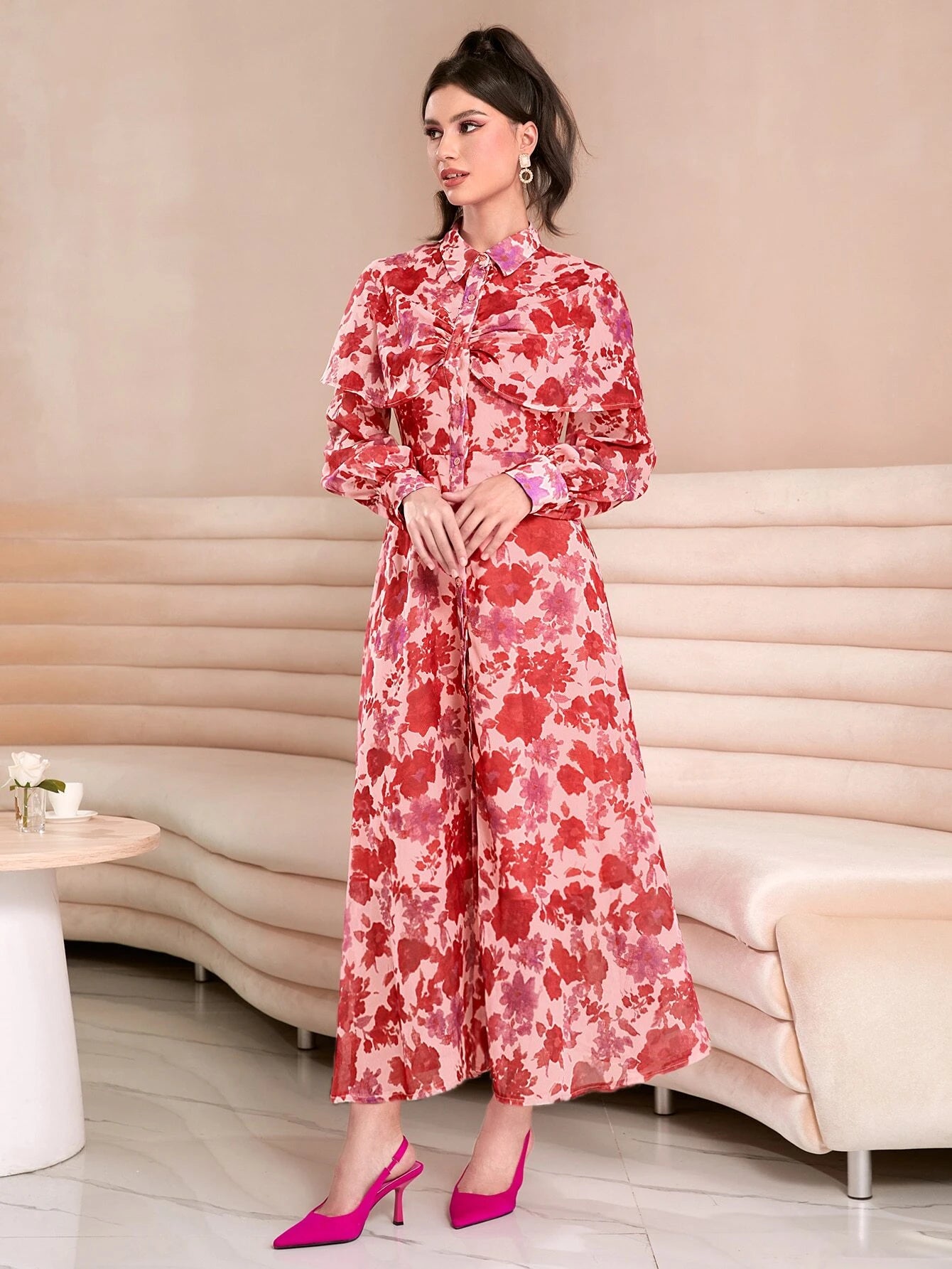 CM-DS851011 Women Elegant Seoul Style Allover Floral Print Tie Neck Bishop Sleeve Dress