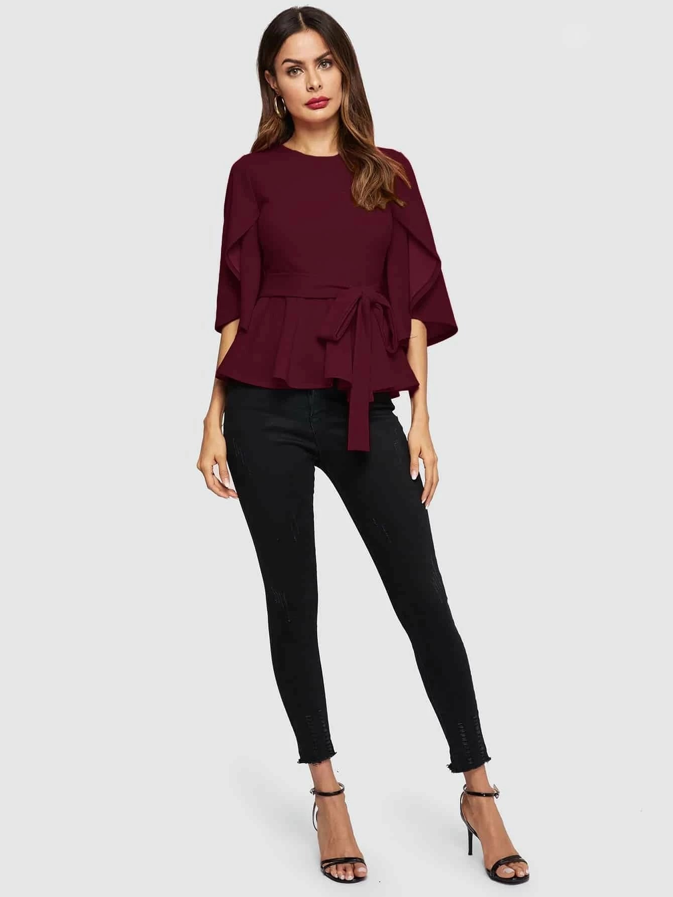 CM-TS823564 Women Casual Seoul Style Split Sleeve Belted Peplum Top - Burgundy