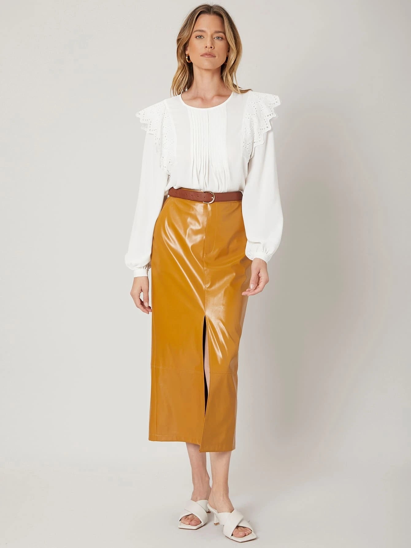 CM-BS940410 Women Elegant Seoul Style High Waist PU Leather Split Skirt - Mustard Yellow