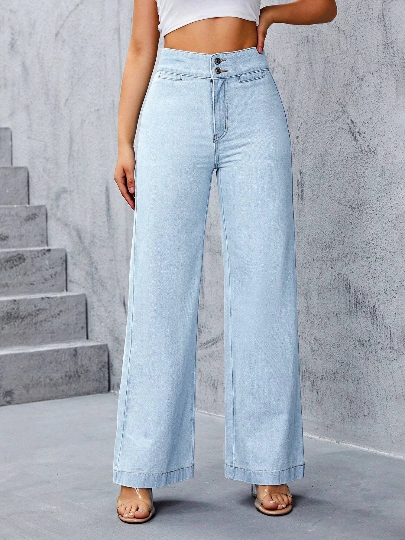 CM-BS791499 Women Preppy Seoul Style Light Wash High Waist Wide Leg Jeans