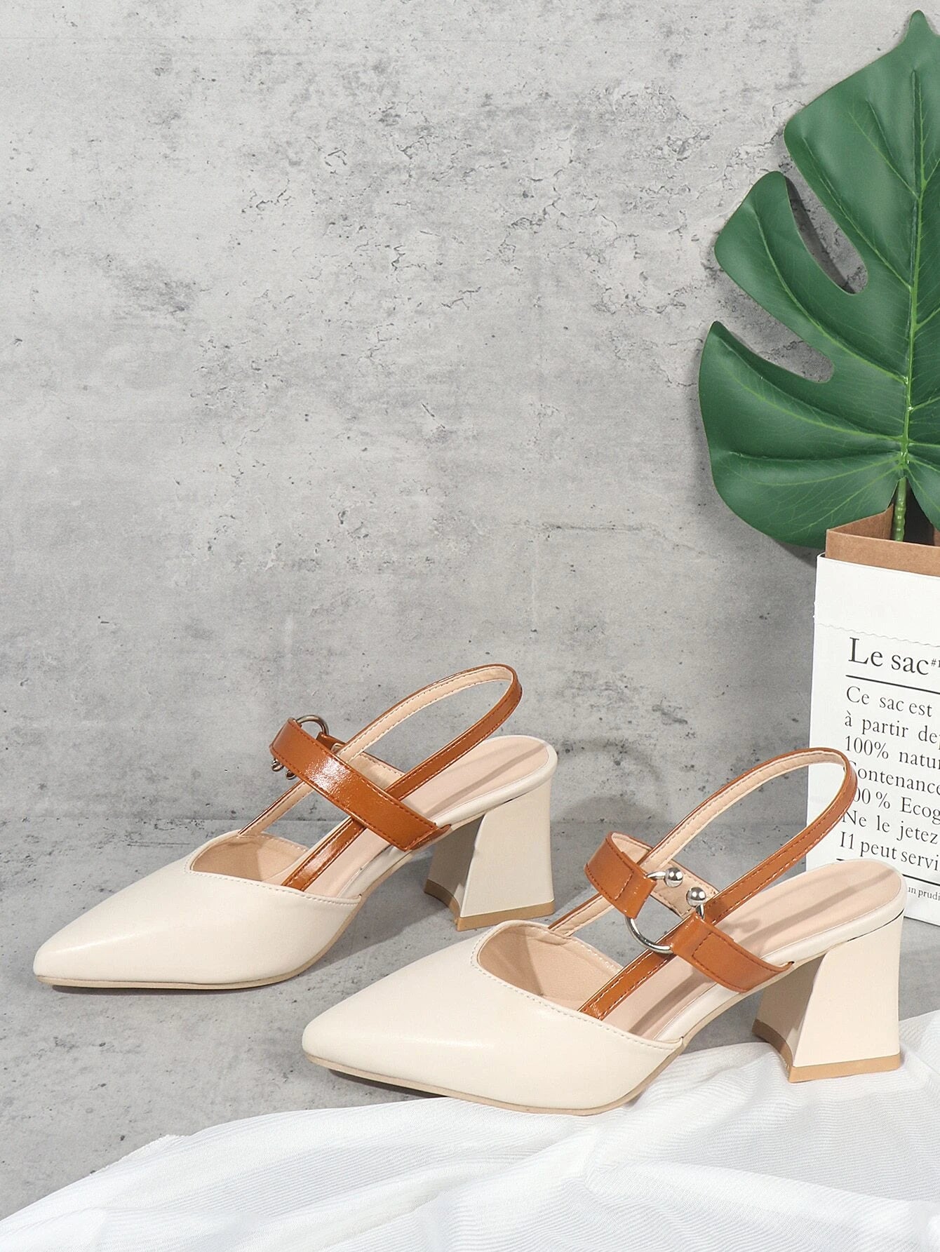 CM-SHS204461 Women Trendy Seoul Style Point Toe Mid Heeled Chunky Slingback Pumps