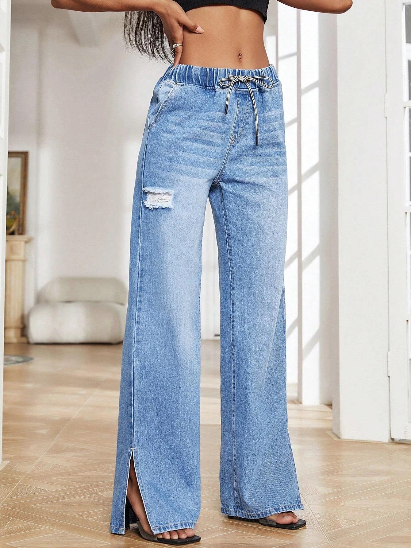 CM-BS911103 Women Preppy Seoul Style Drawstring Waist Split Hem Wide Leg Jeans
