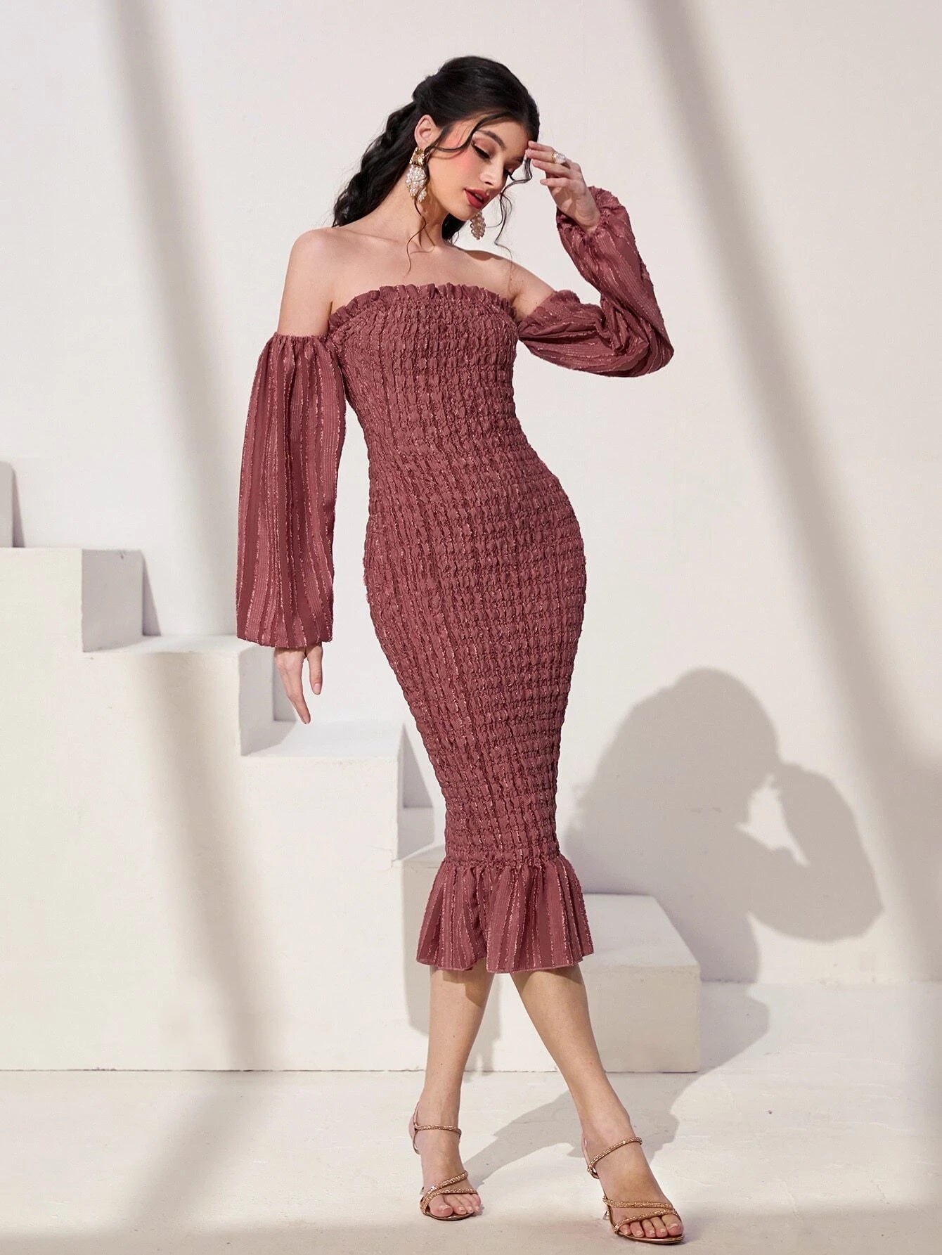 CM-DS283232 Women Elegant Seoul Style Off Shoulder Lantern Sleeve Mermaid Hem Bodycon Dress