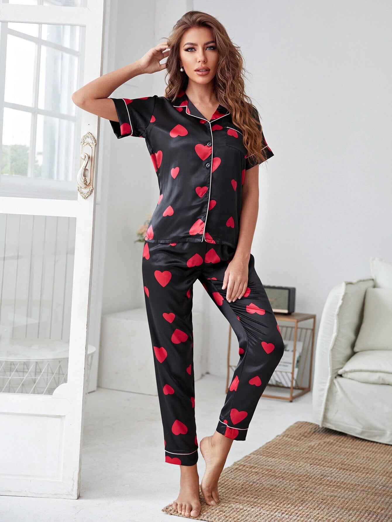 CM-LS416735 Women Trendy Seoul Style Satin Allover Heart Print Night Set - Black