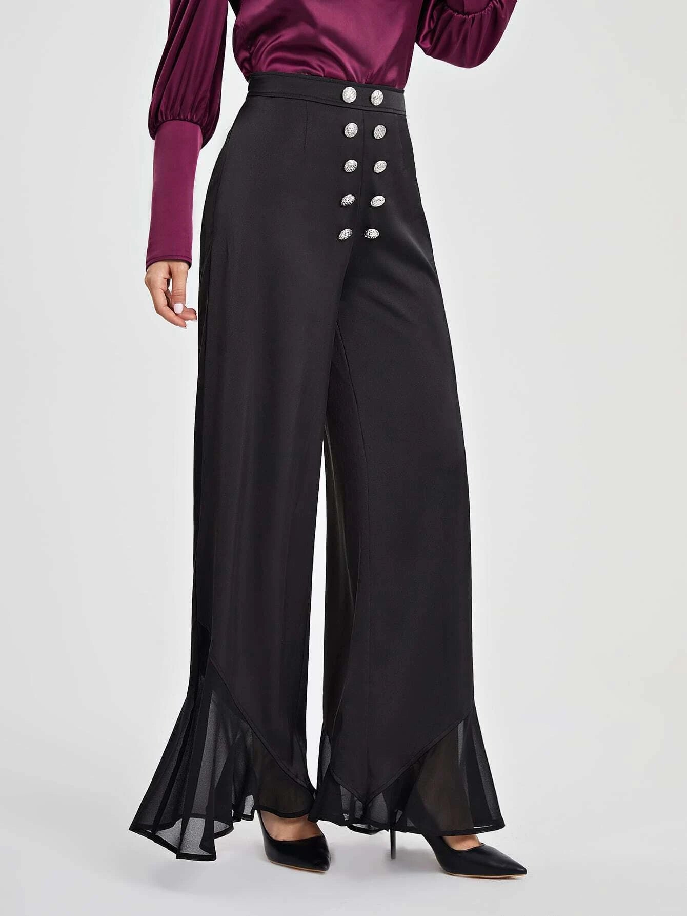 CM-BS065056 Women Elegant Seoul Style Double Button Front Wide Leg Pants - Black