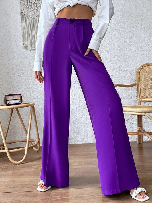 CM-BS967022 Women Casual Seoul Style High Waist Seam Detail Wide Leg Pants - Purple