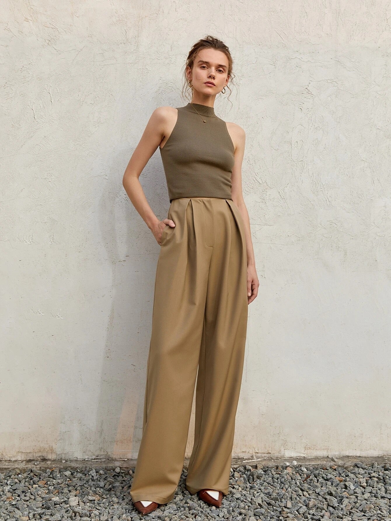 CM-BS258391 Women Elegant Seoul Style High Waist Fold Pleated Pants - Khaki