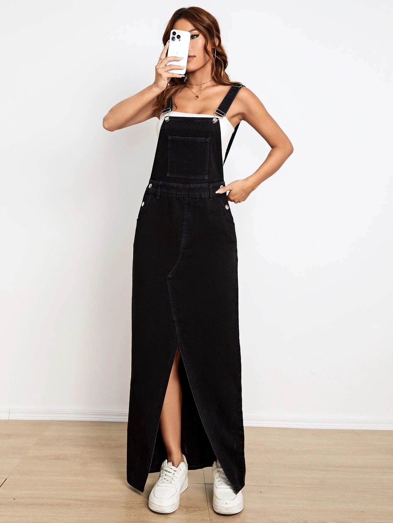 CM-DS883532 Women Preppy Seoul Style Slant Pocket Split Thigh Denim Overall Dress - Black