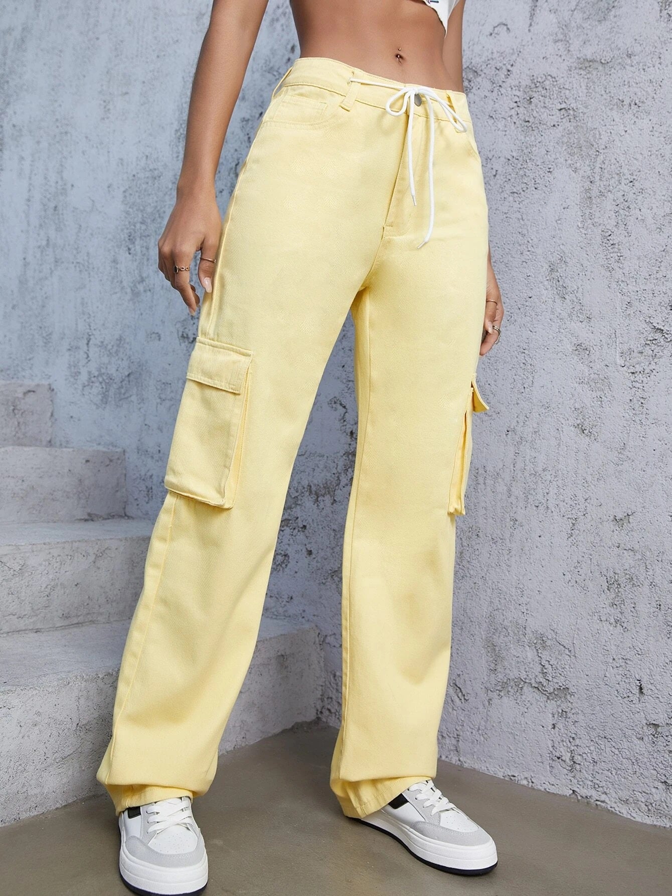 CM-BS126821 Women Casual Seoul Style Flap Pocket Drawstring Waist Cargo Jeans - Yellow
