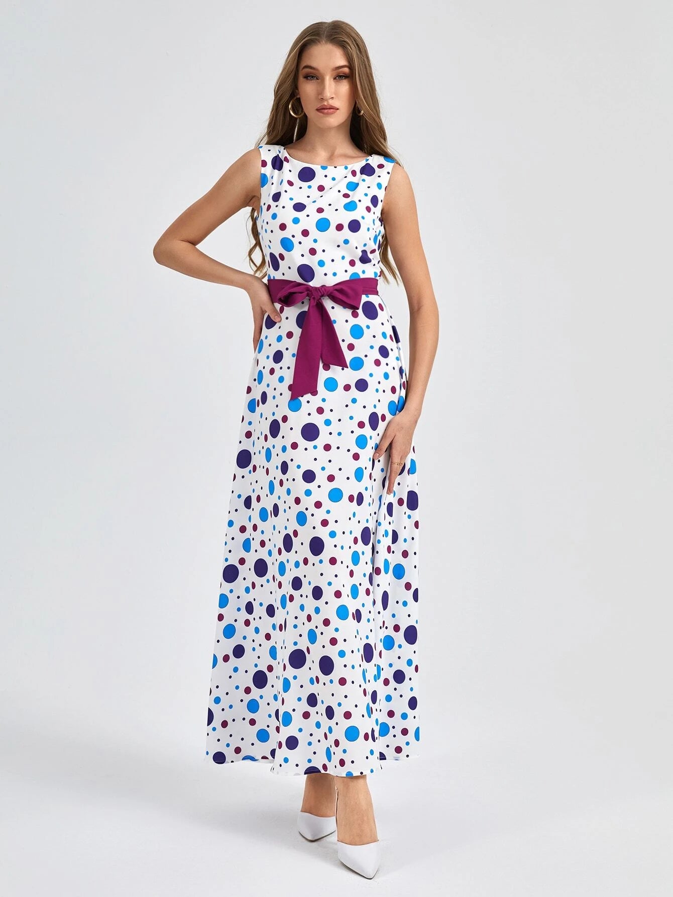 CM-DS833543 Women Elegant Seoul Style Sleeveless Polka Dot Belted A-Line Dress