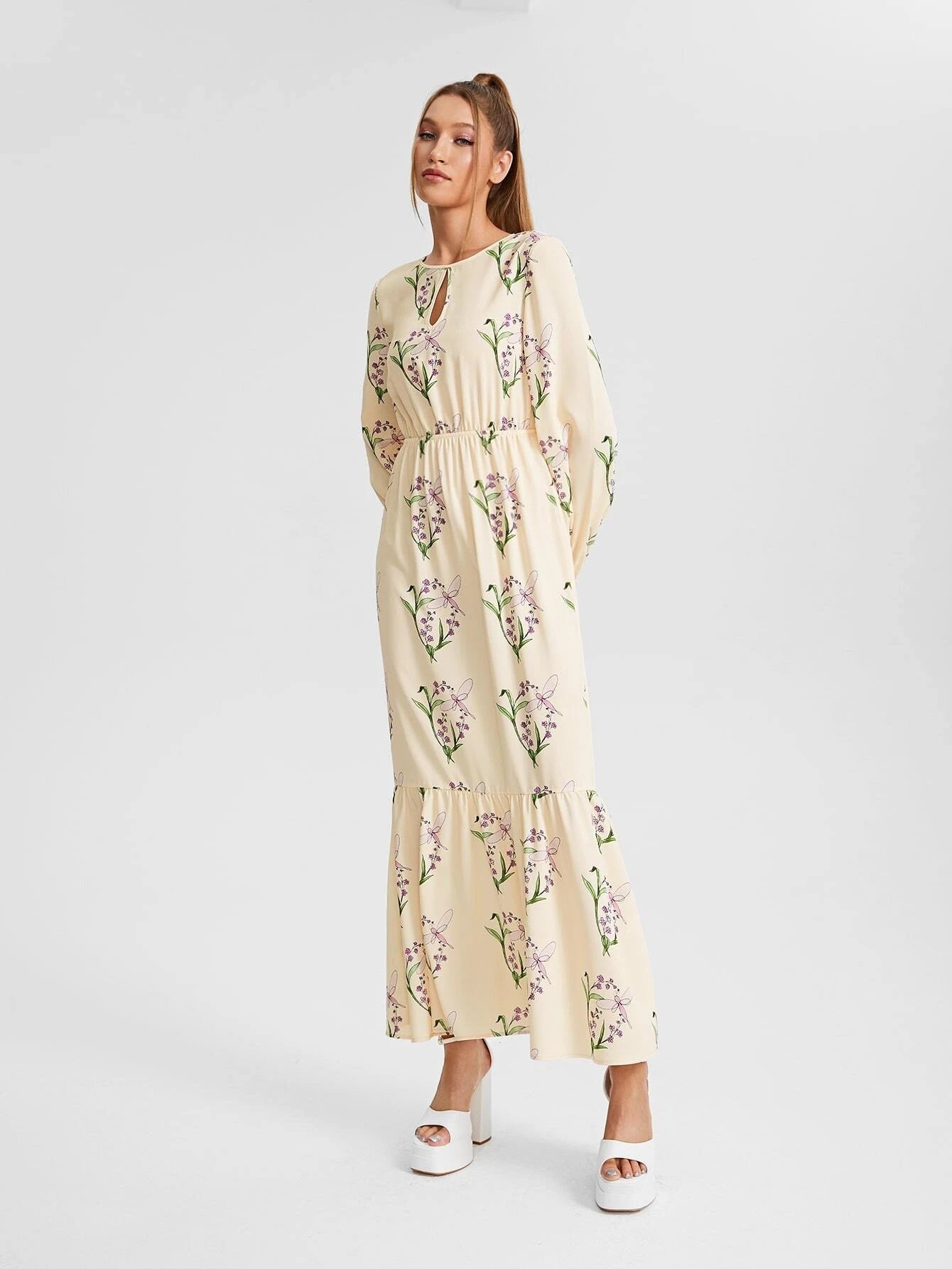 CM-DS552858 Women Casual Seoul Style Floral Print Keyhole Neck Lantern Sleeve Ruffle Hem Dress