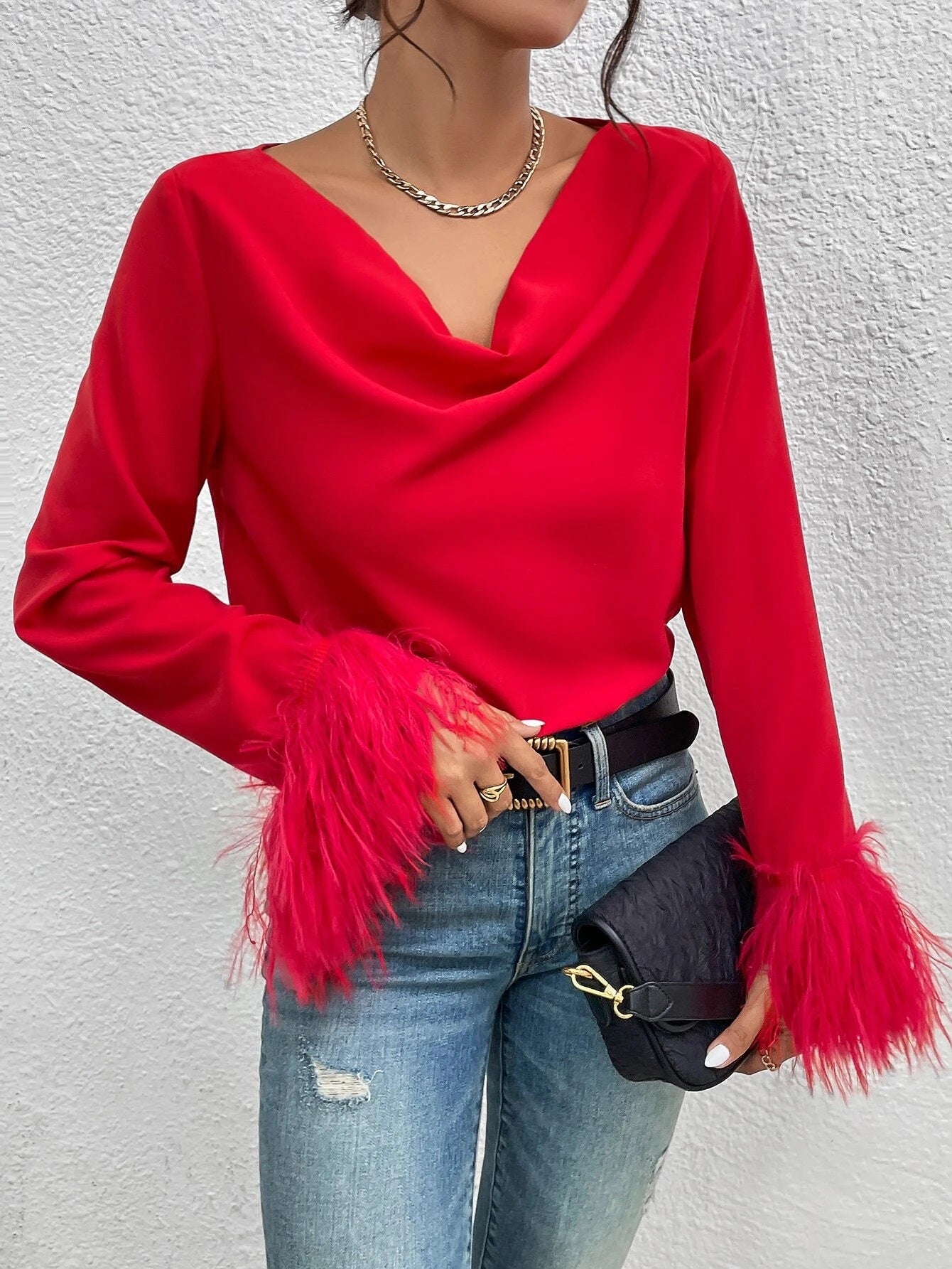 CM-TS875687 Women Elegant Seoul Style Draped Collar Fuzzy Cuff Blouse - Red