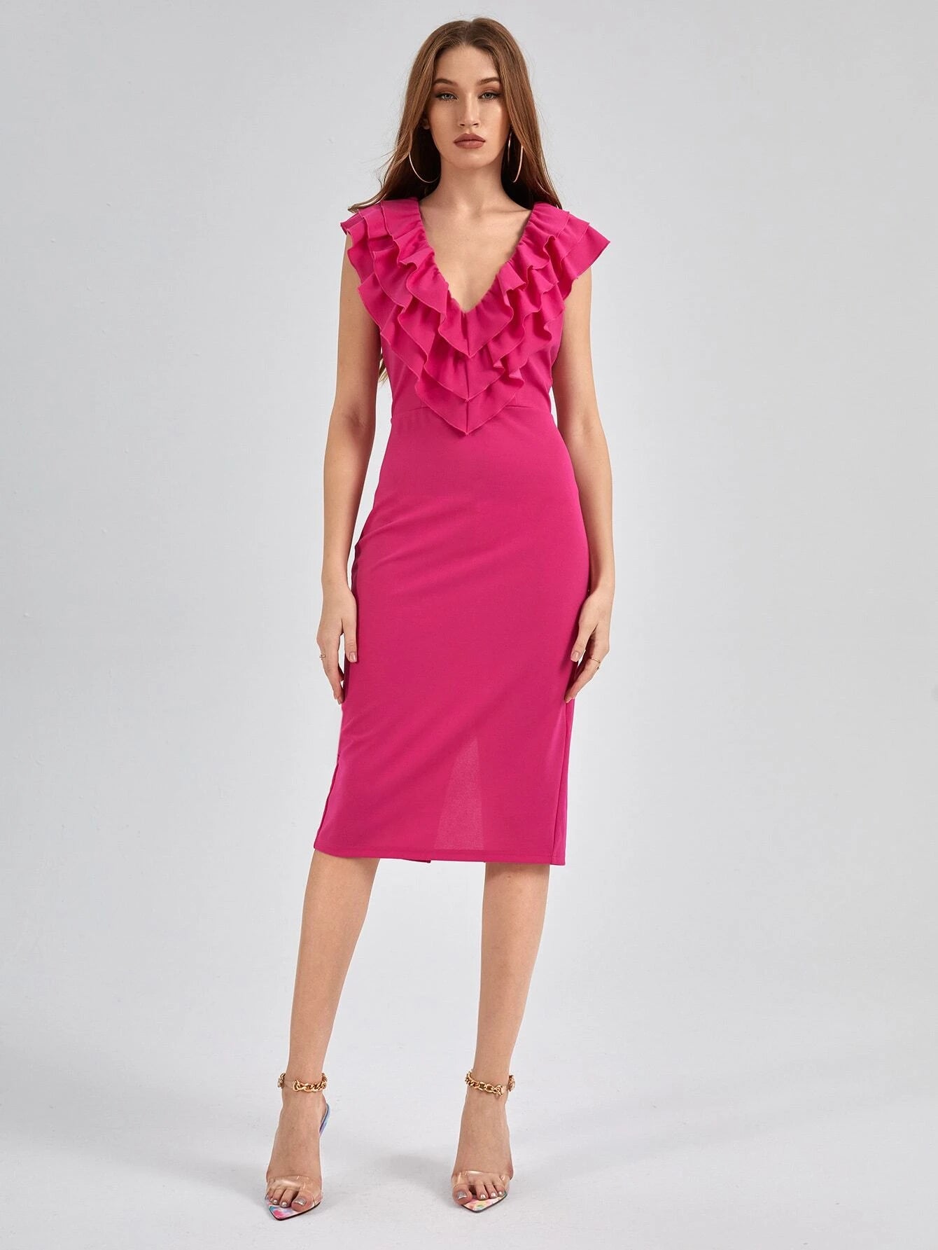 CM-DS282223 Women Elegant Seoul Style Layered Ruffle Trim Split Back Fitted Dress - Hot Pink