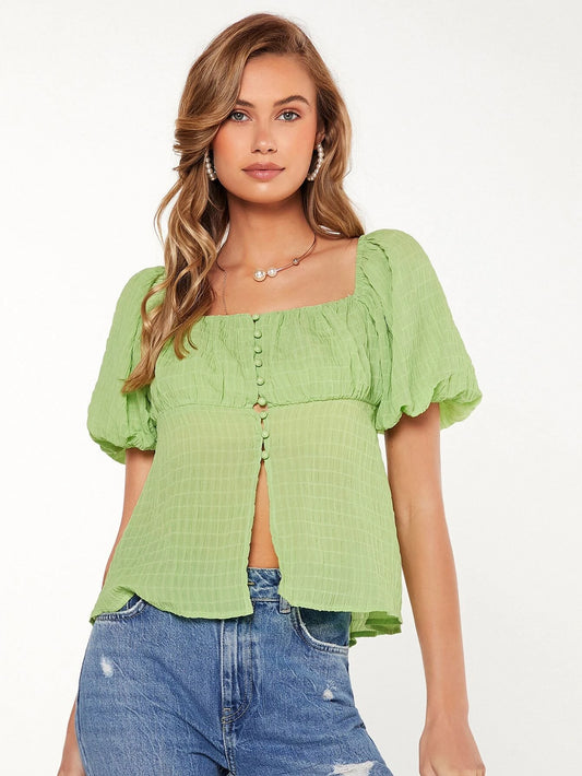 CM-TS707176 Women Casual Trendy Bohemian Style Ruched Bust Puff Sleeve Blouse - Lime Green
