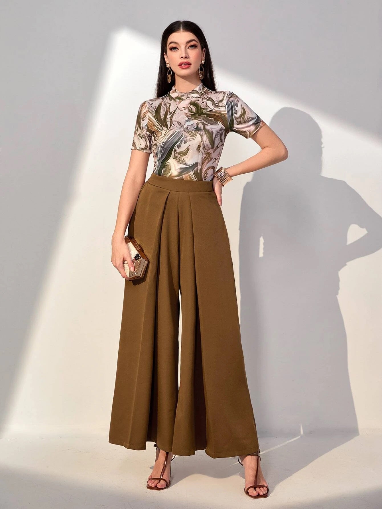 CM-BS994247 Women Trendy Bohemian Style High Waist Fold Pleated Wide Leg Pants - Khaki