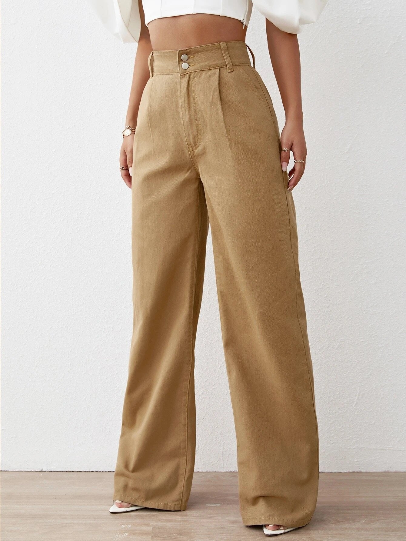 CM-BS228248 Women Preppy Seoul Style Solid High Waist Wide Leg Jeans - Brown