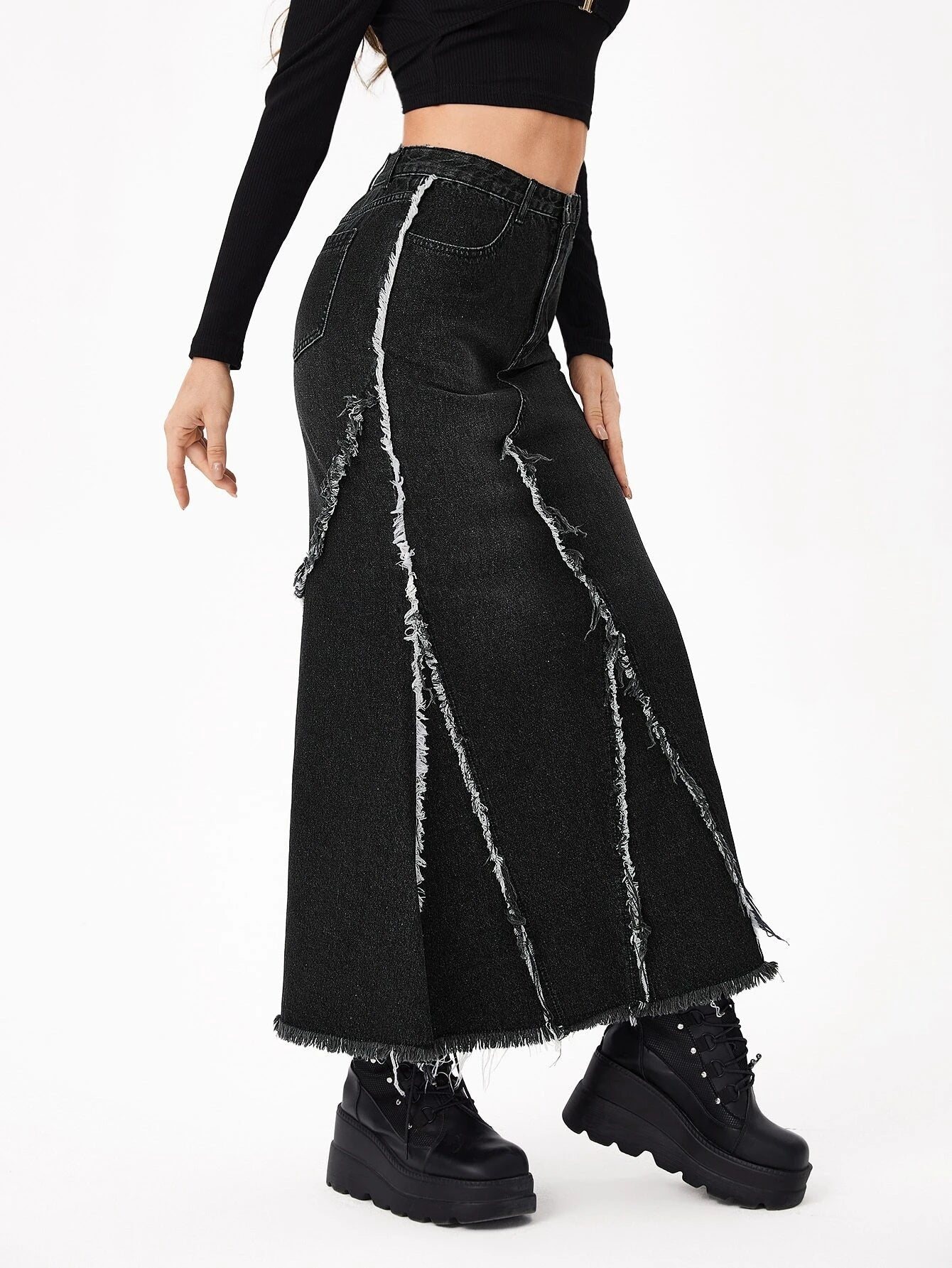 CM-BS787144 Women Casual Seoul Style High Waist Raw Trim Denim Skirt - Black