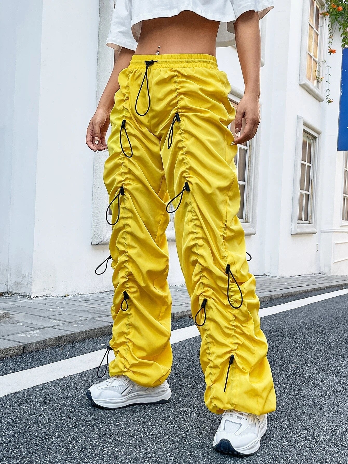 CM-BS810144 Women Casual Seoul Style Drawstring Waist Ruched Parachute Pants - Yellow