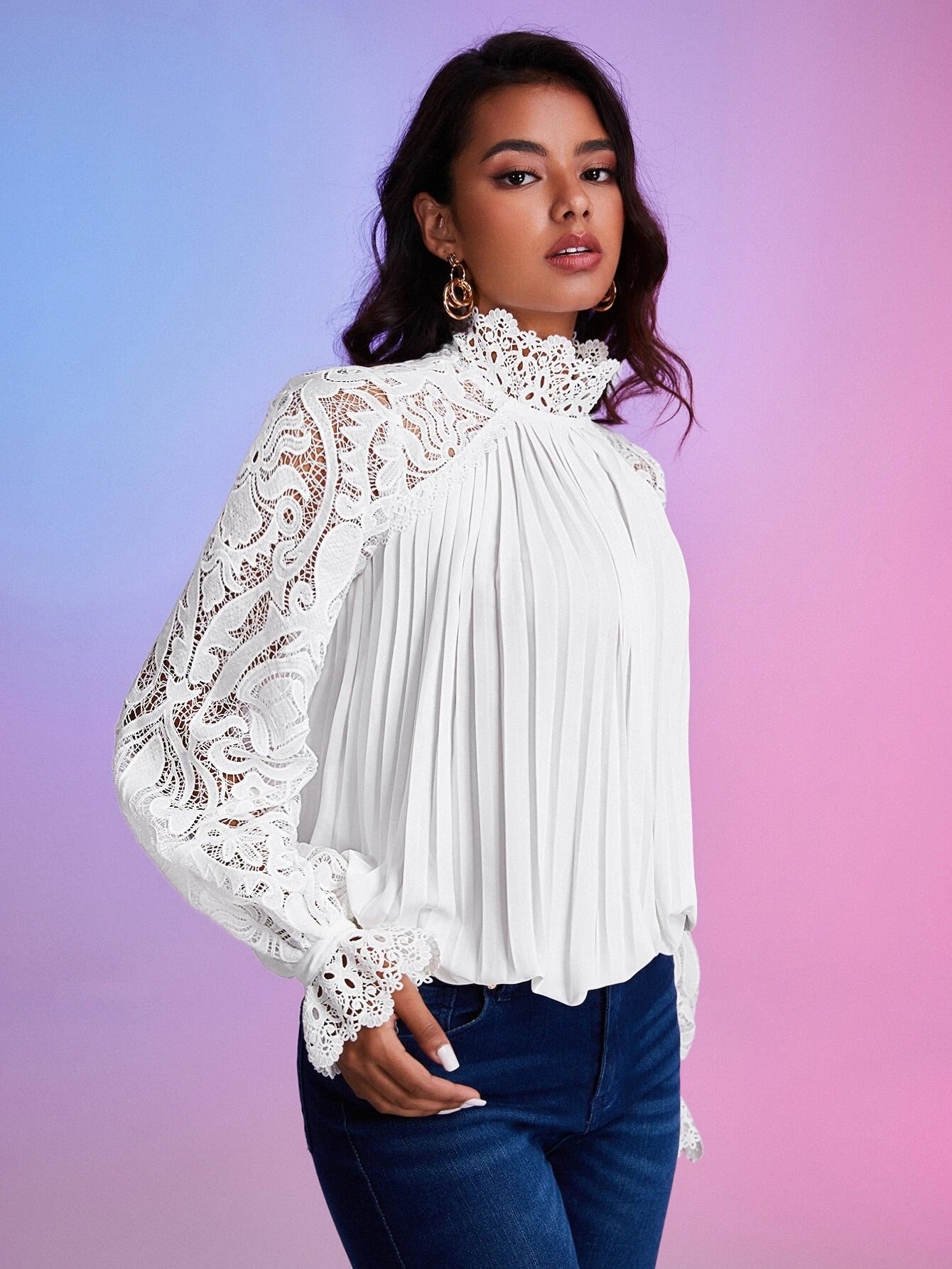 CM-TS971073 Women Elegant Seoul Style Contrast Lace Flounce Sleeve Pleated Detail Blouse