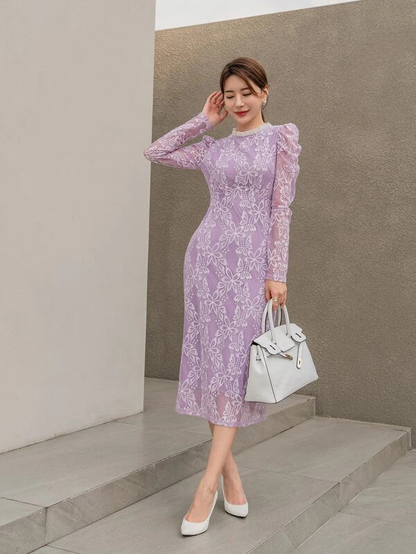 CM-DS422083 Women Elegant Seoul Style Frill Mock Neck Gigot Sleeve Lace Dress