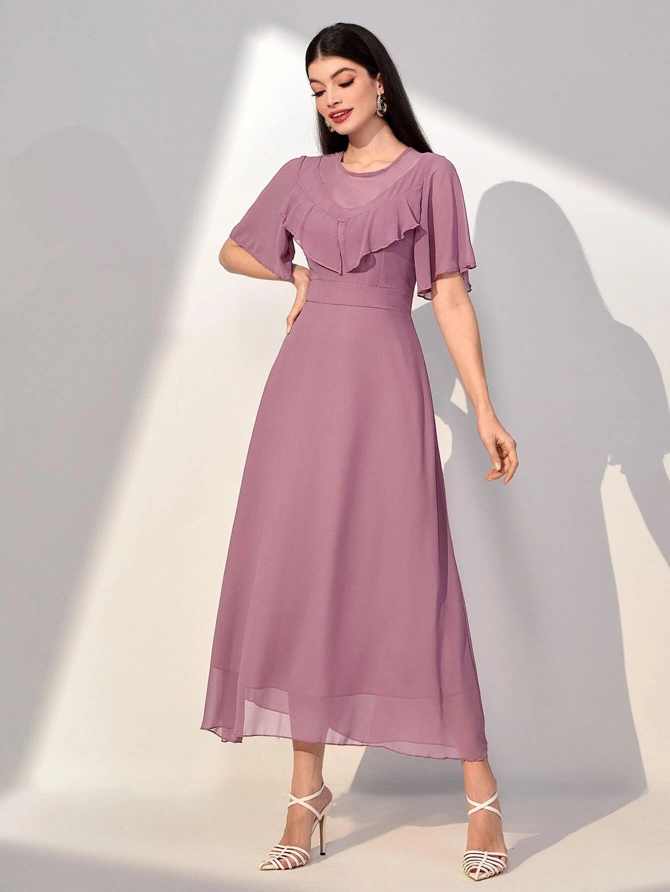 CM-DS403387 Women Elegant Seoul Style Round Neck Solid Ruffle Trim Dress - Mauve Purple