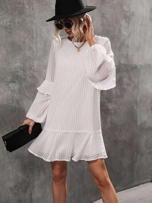 CM-DS268383 Women Casual Seoul Style Ruffle Trim Lantern Sleeve Dress - White