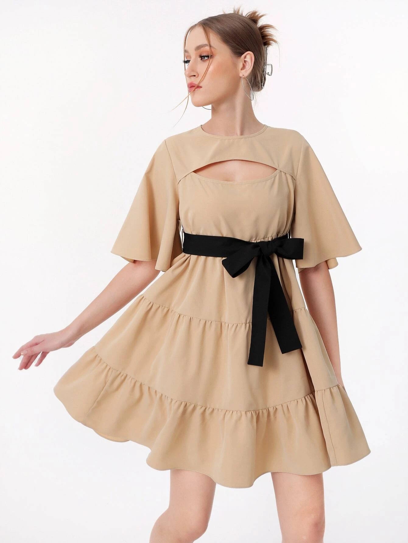 CM-DS558859 Women Elegant Seoul Style Cut Out Butterfly Sleeve Ruffle Hem Belted Dress