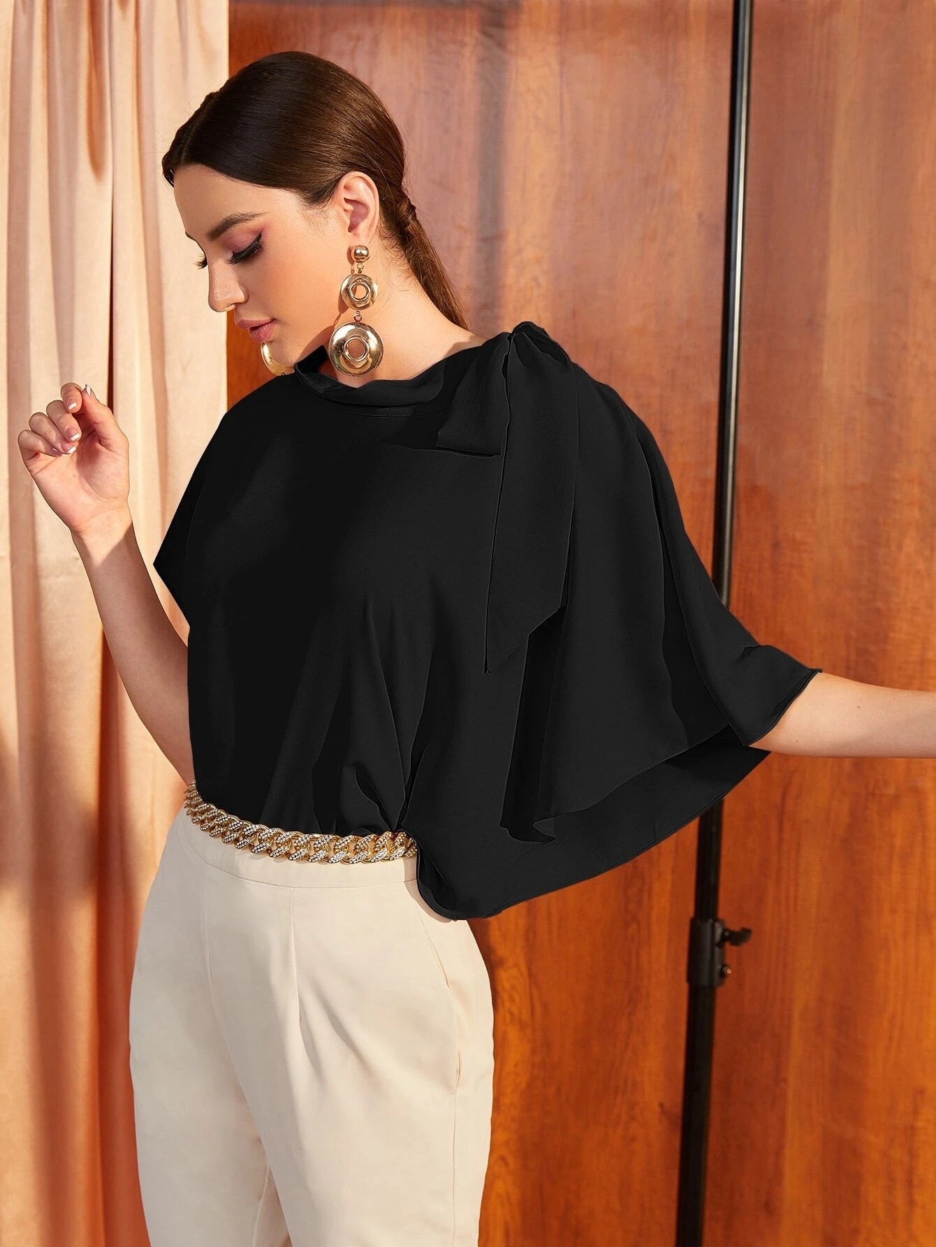 CM-TS505128 Women Elegant Seoul Style Knot Shoulder Asymmetrical Batwing Sleeve Top