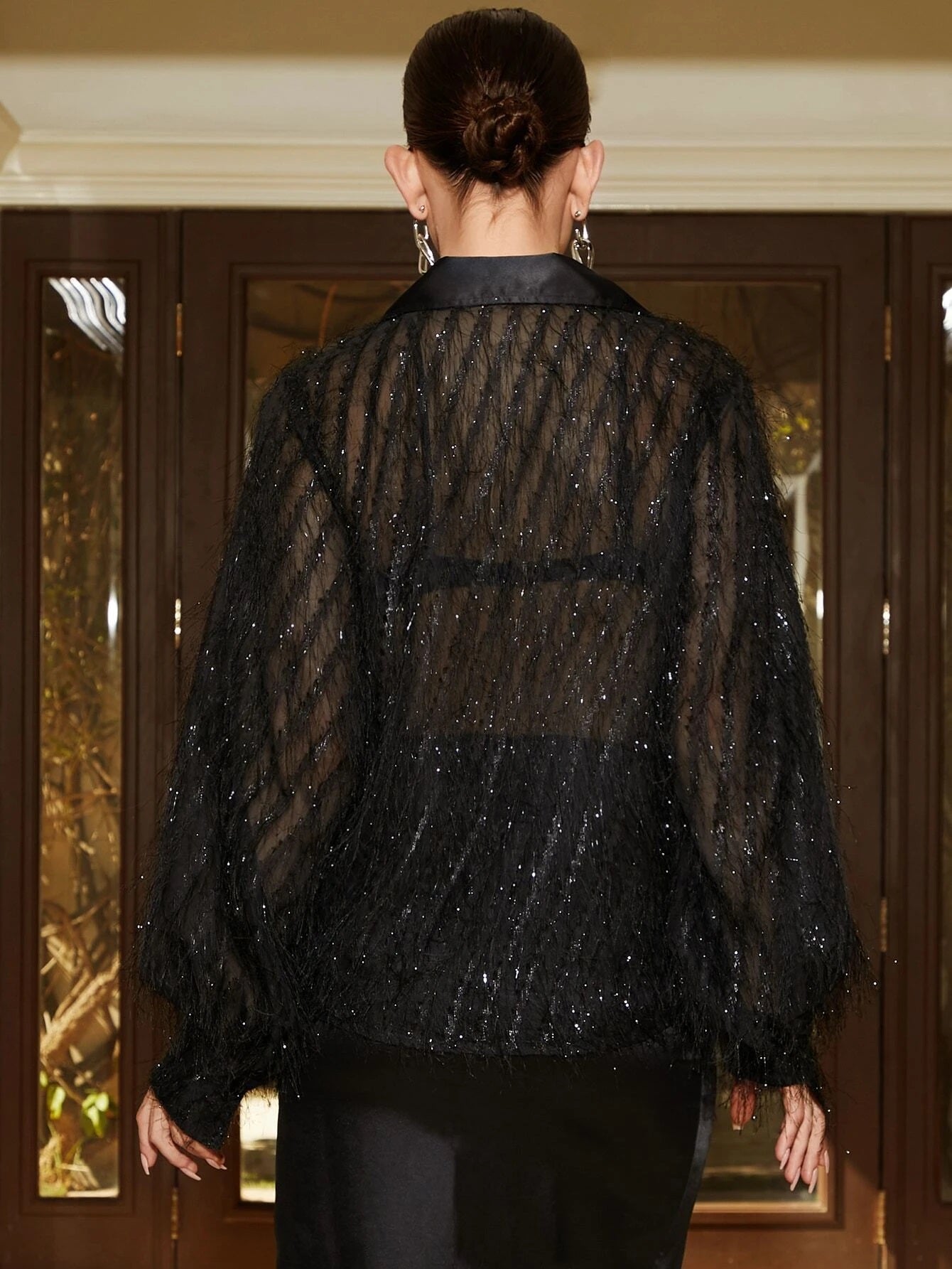 CM-TS714779 Women Elegant Seoul Style Fuzzy Trim Lantern Sleeve Shirt - Black