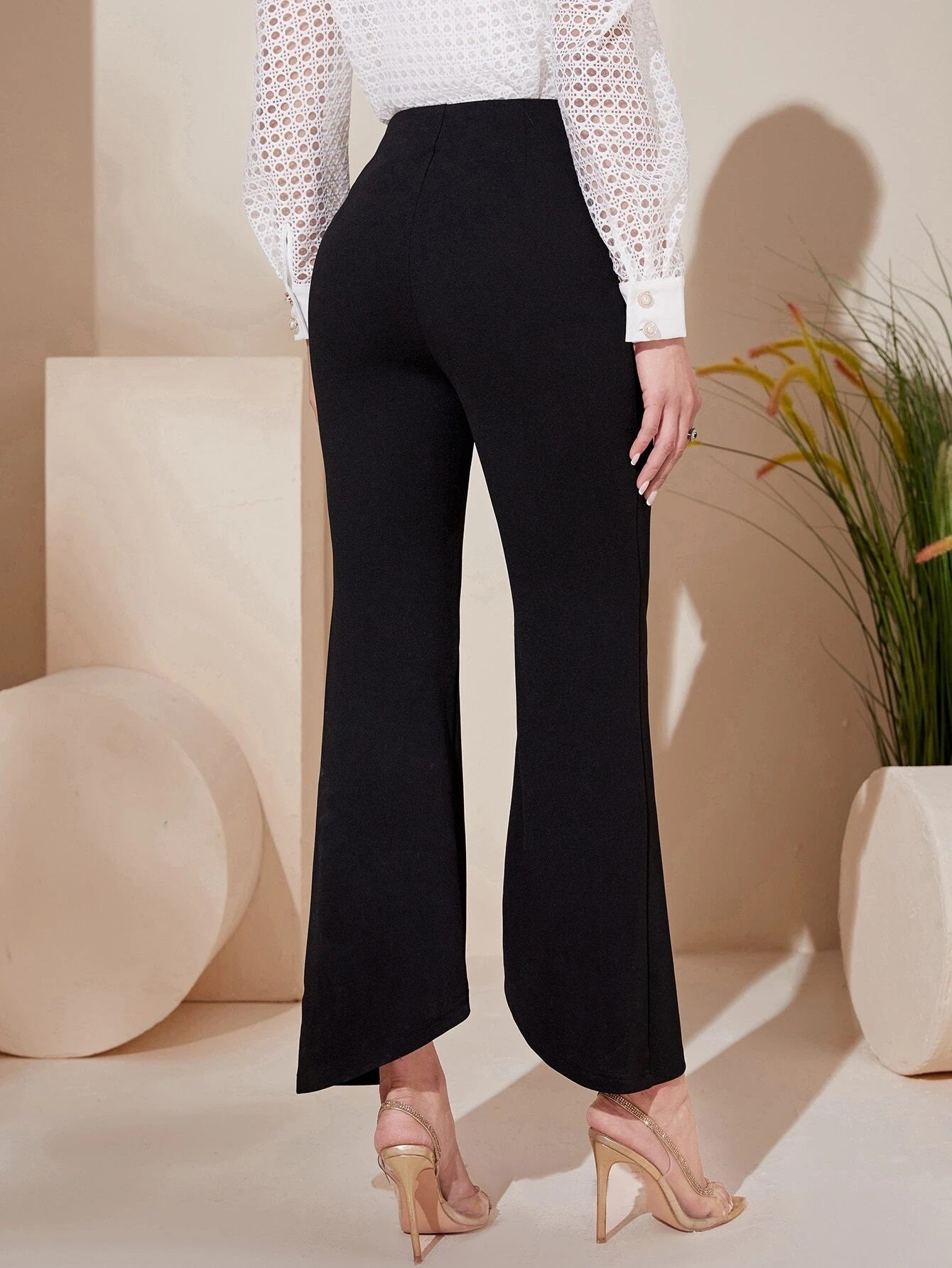 CM-BS022522 Women Elegant Seoul Style High Waist Button Detail Split Hem Flare Leg Pants