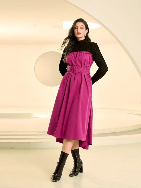 CM-DS301477 Women Casual Seoul Style Color Block High Low Hem Belted Dress