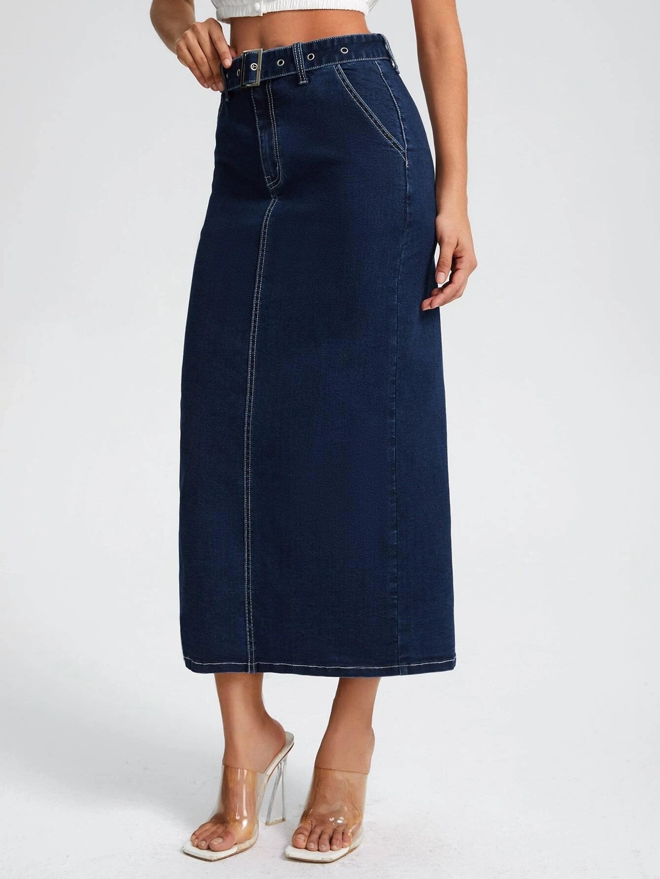 CM-BS941143 Women Preppy Seoul Style Dark Wash High Waist Belted Denim Skirt