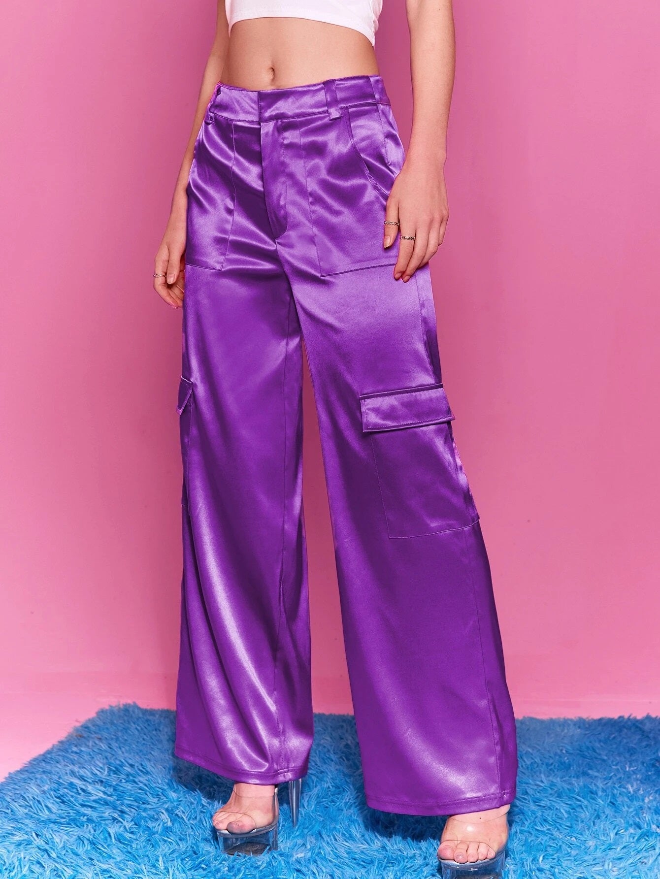 CM-BS694243 Women Elegant Seoul Style Low Rise Flap Pocket Satin Wide Leg Pants - Purple