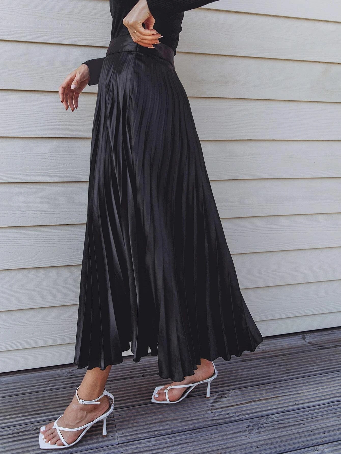 CM-BS905549 Women Elegant Seoul Style High Waist Solid Pleated Skirt - Black