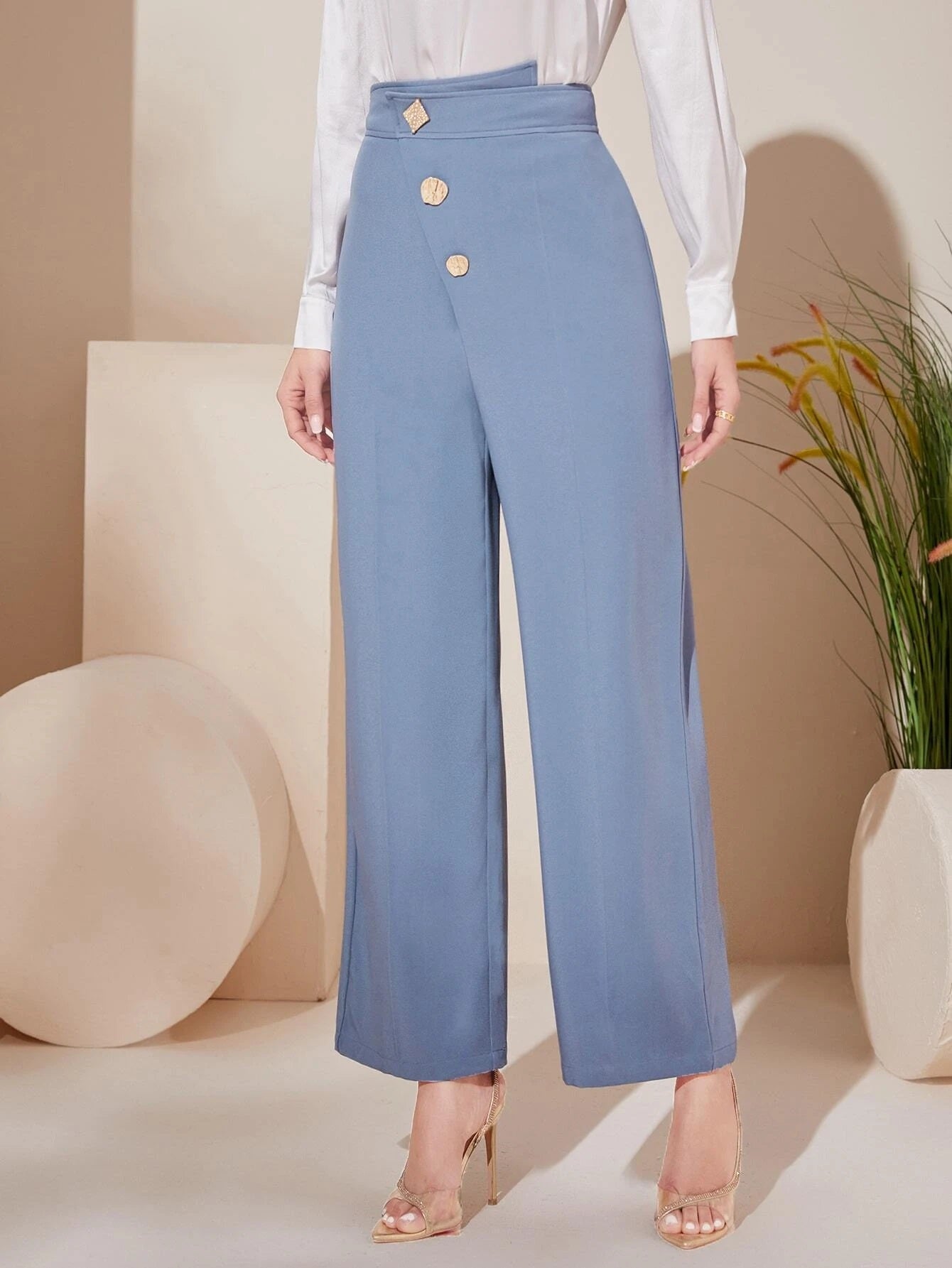 CM-BS441225 Women Elegant Seoul Style Asymmetrical Waist Button Front Wide Leg Pants