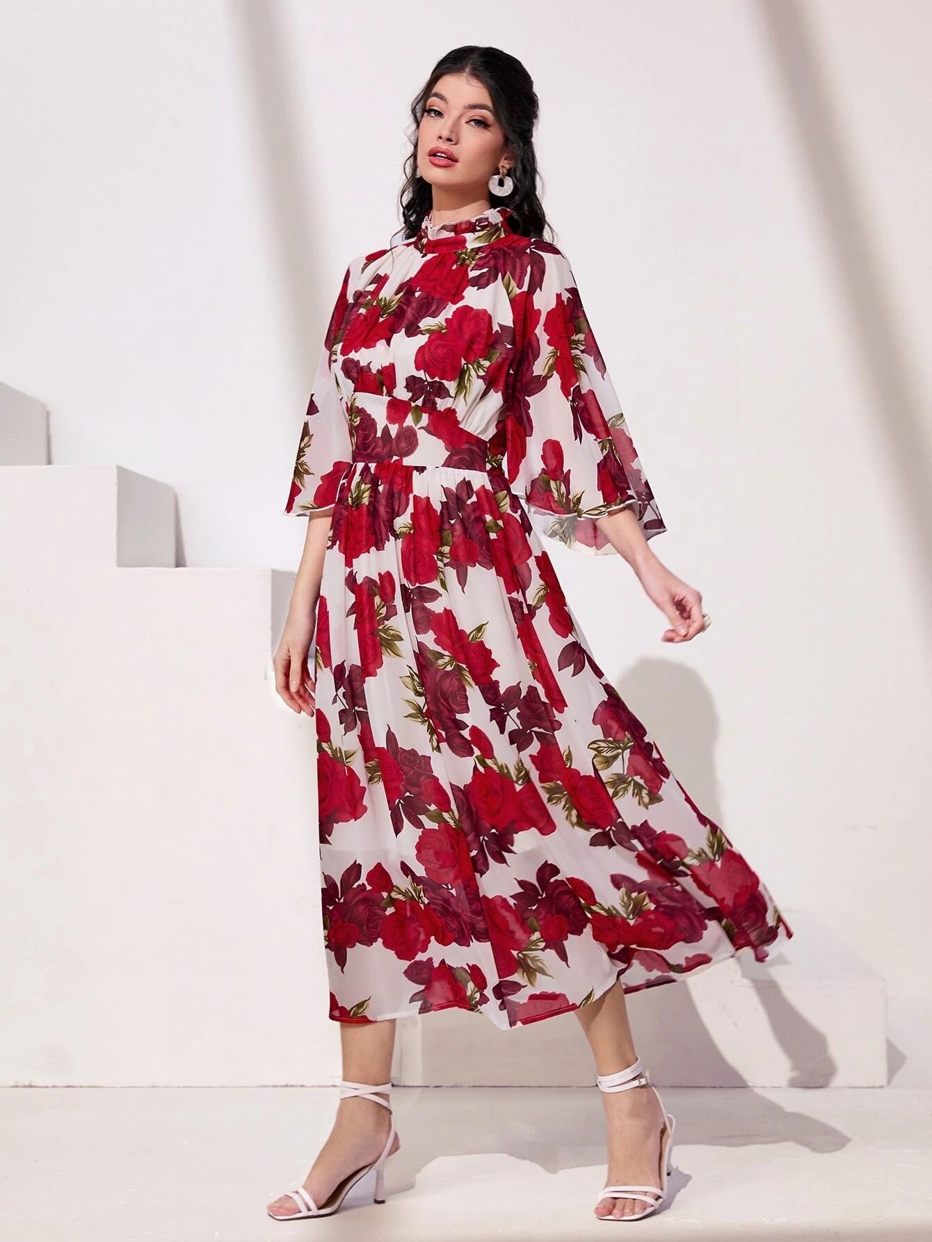 CM-DS861131 Women Trendy Bohemian Style Flounce Sleeve Floral Print Frill Neck Dress
